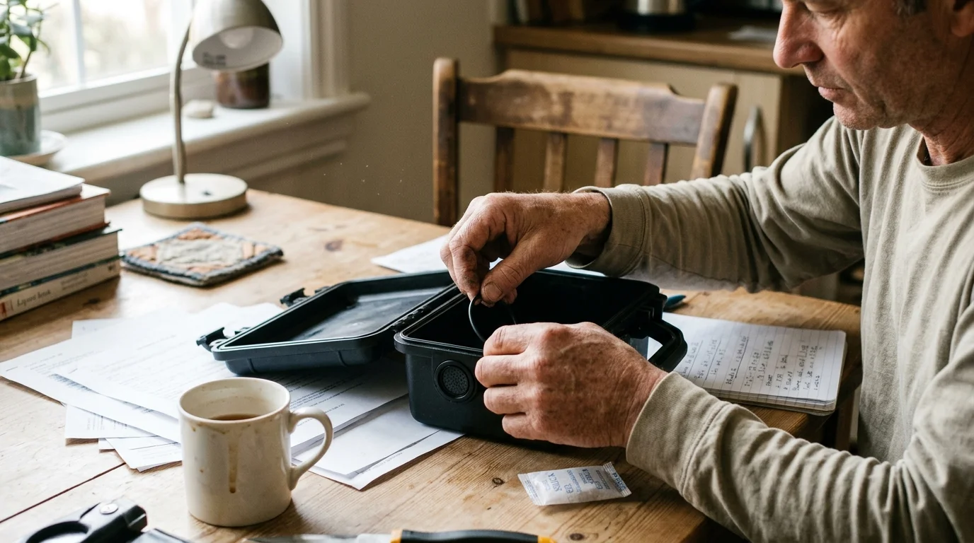 A man at a wooden desk holds a rubber O-ring gasket over an open small black hard case next to papers and a coffee mug.