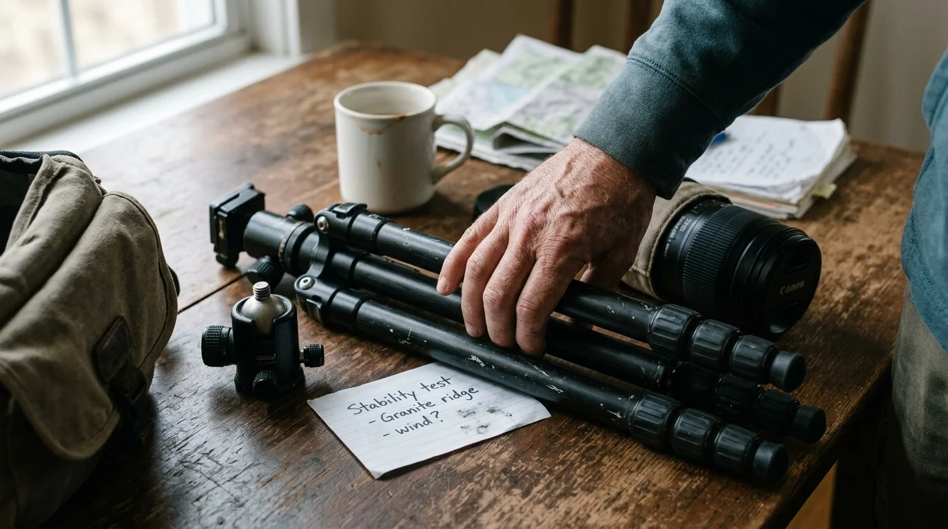 A hand touches a compact black tripod on a wooden desk beside a detached ball head, camera lens, and handwritten note.