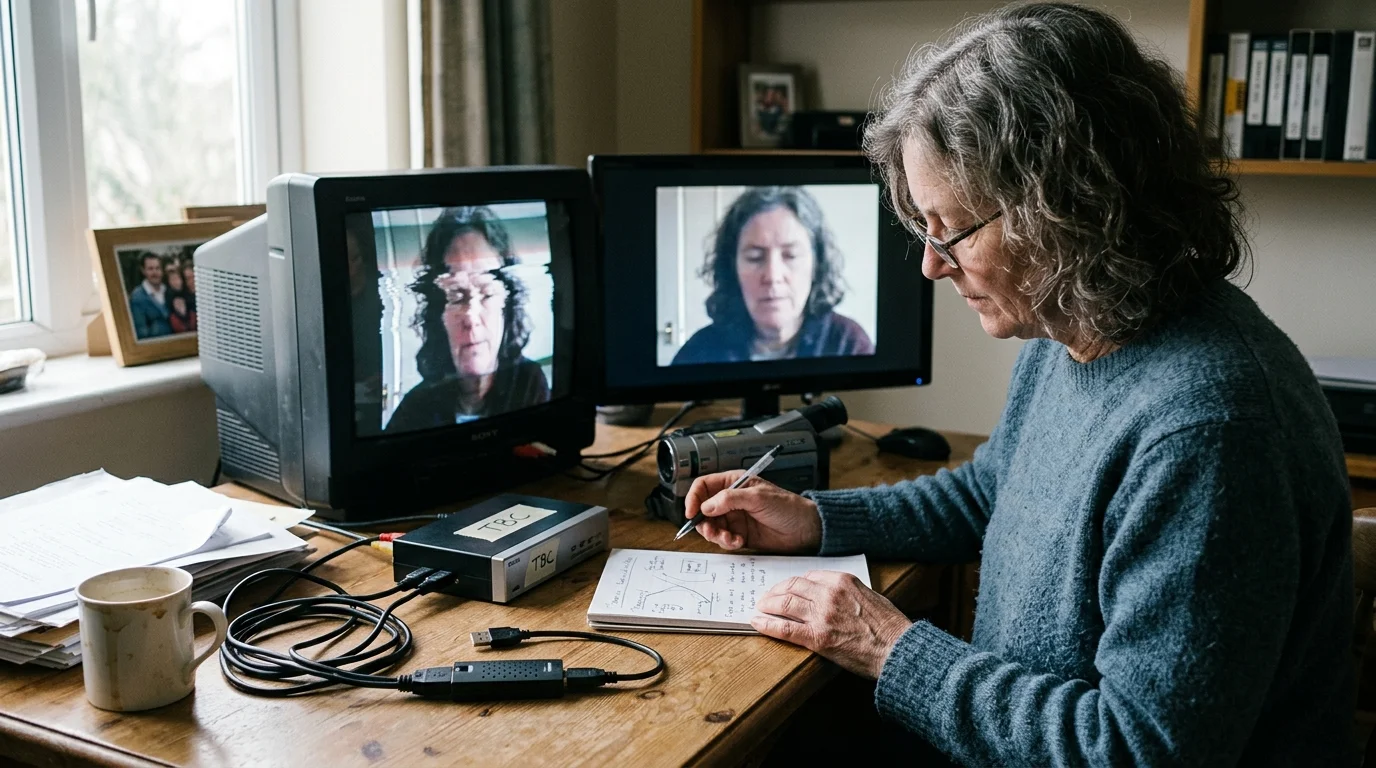 Woman at a desk comparing distorted CRT video to a clean monitor display alongside a TBC device and capture dongle.