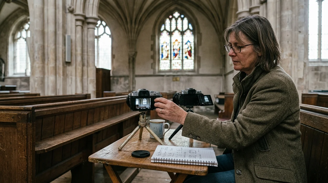 A woman sitting in church pews sets up two mirrorless cameras on mini tripods next to a notebook.