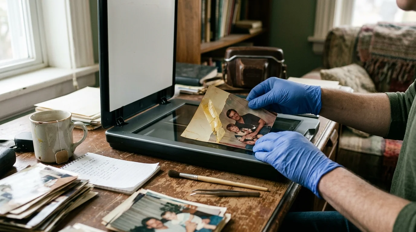 Gloved hands placing an old, damaged photograph onto the glass bed of a flatbed scanner on a wooden desk.