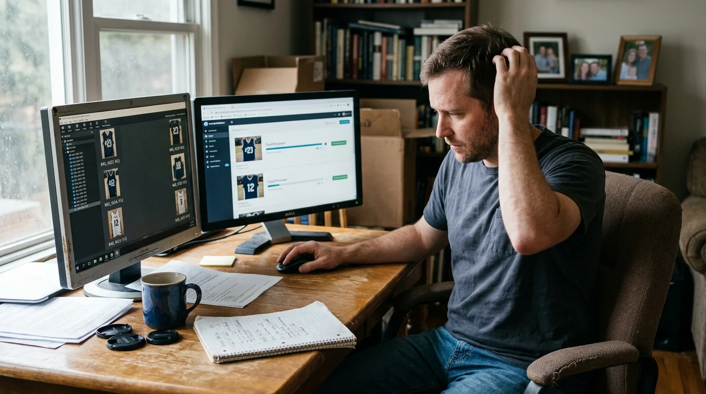 A man scratching his head while sitting at a desk with two computer monitors displaying sports photos and software.
