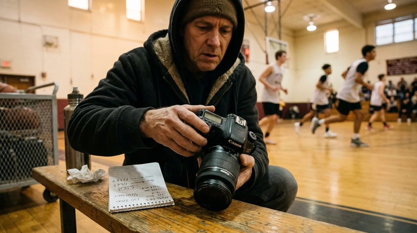 A man crouches courtside checking a DSLR camera near a notebook, with basketball players running in the gym behind him.
