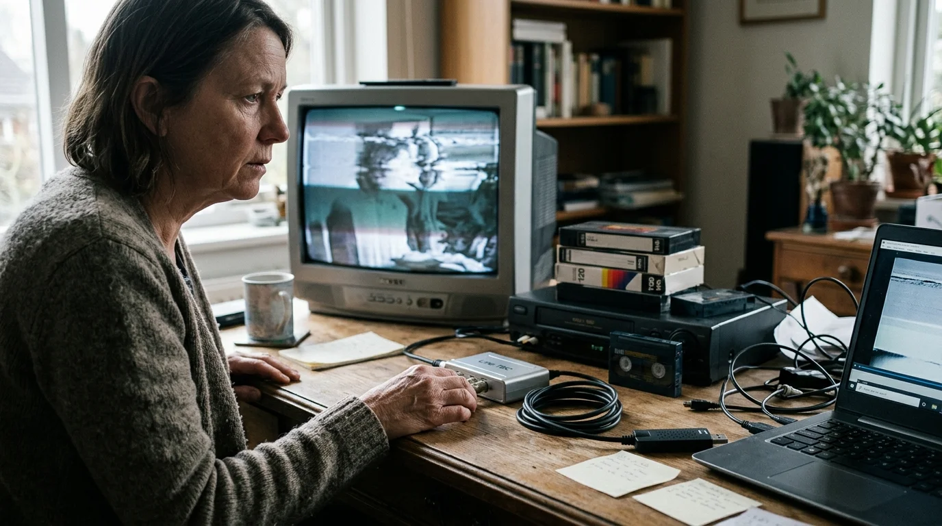 A woman sits at a wooden desk with a CRT monitor, VCR, tapes, and a laptop connected to a small hardware device.