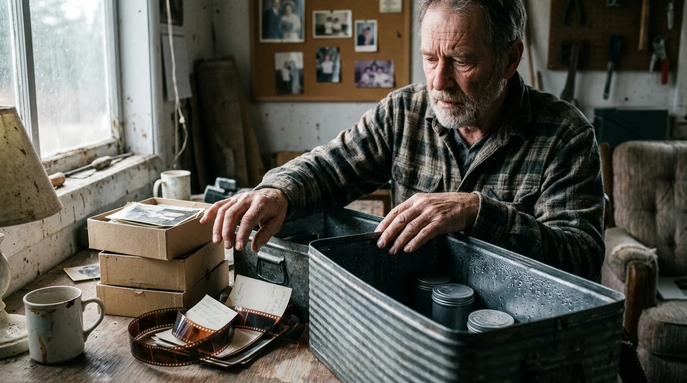 A man examines old photos, film strips, and cardboard boxes beside an open galvanized metal container in a workshop.