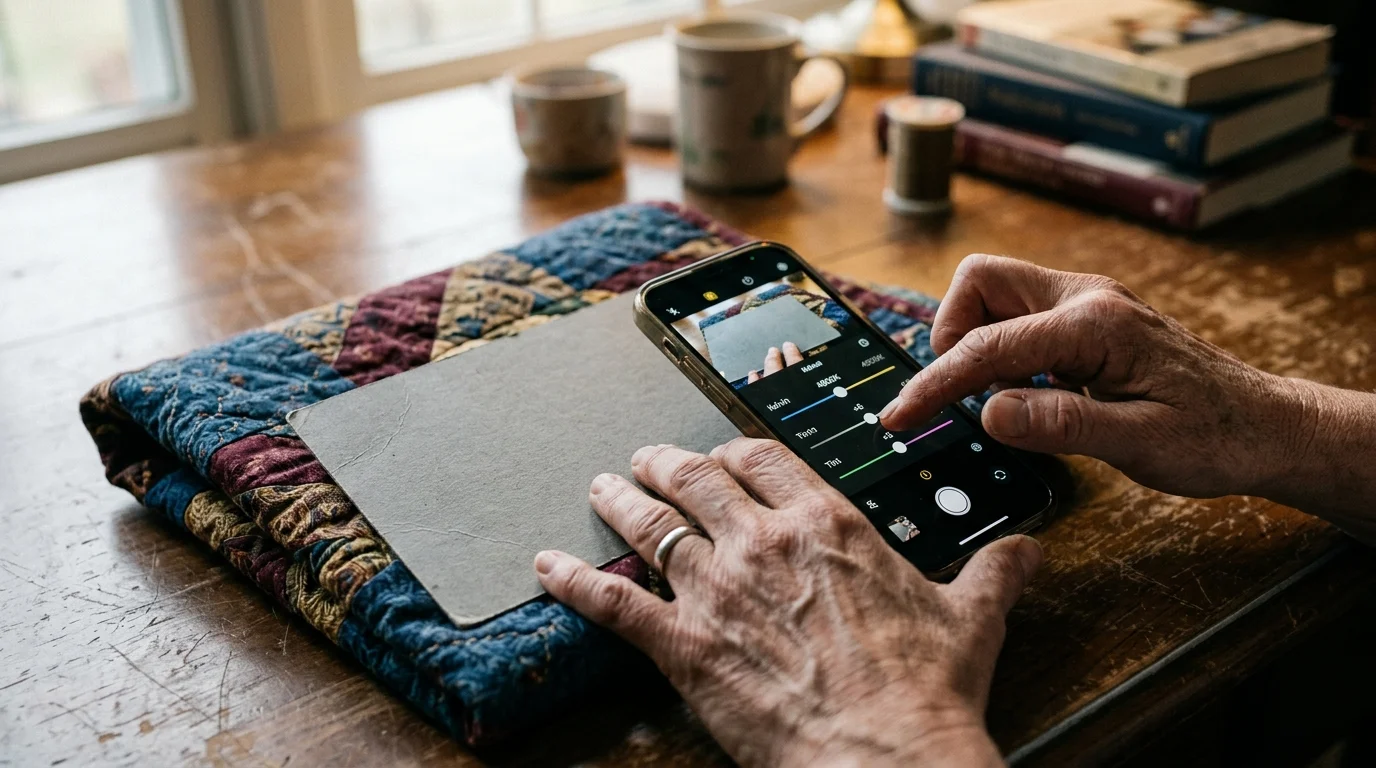 Hands holding a smartphone to photograph a gray card on a folded quilt, adjusting white balance sliders on the screen.