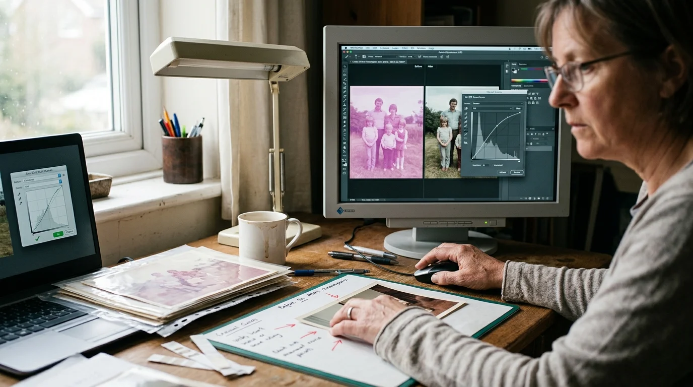 A woman restores faded family photos on desktop and laptop screens using digital curve adjustment tools.