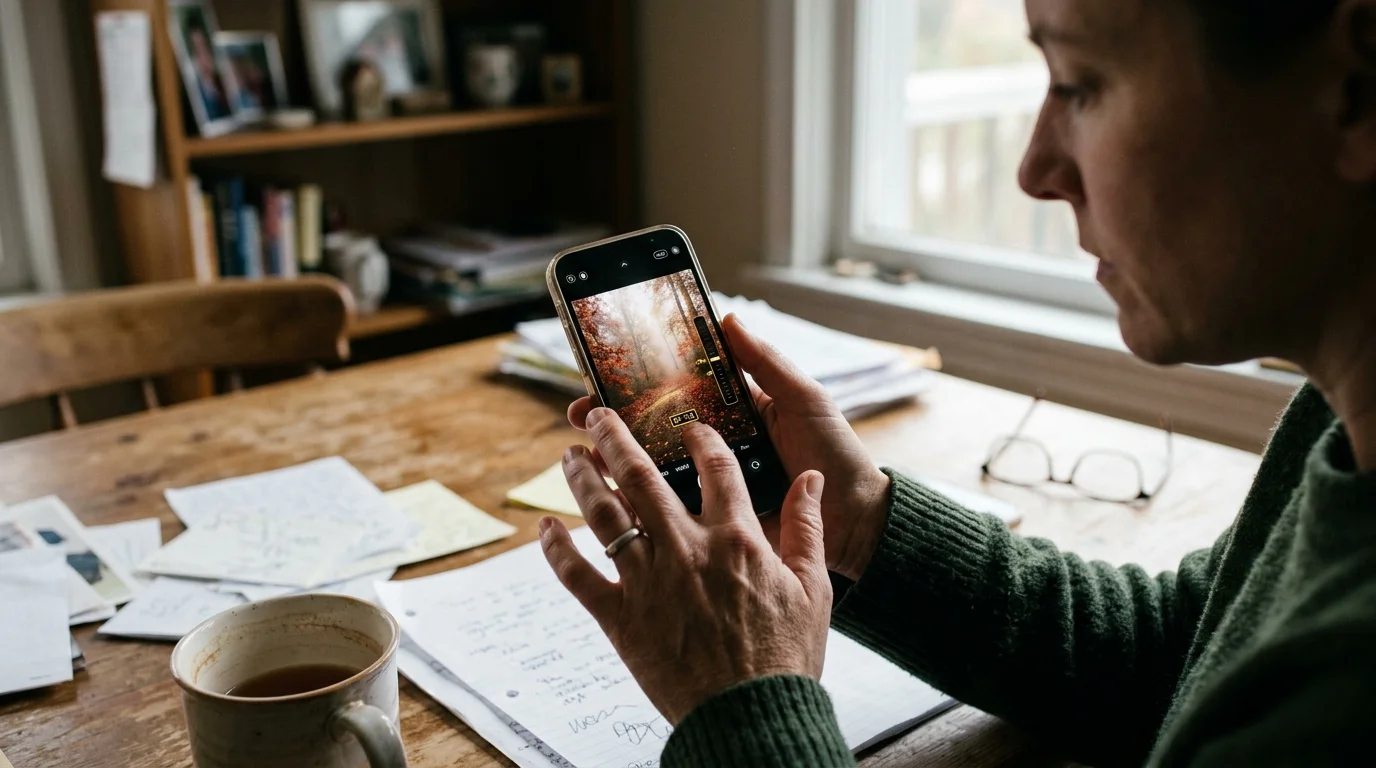 Person holding a smartphone displaying a misty autumn forest photo above a cluttered desk with papers and a mug.