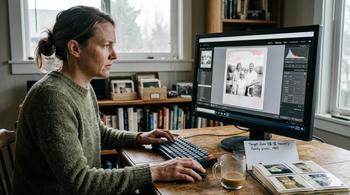 Woman sitting at a wooden desk editing a vintage family photograph on a large desktop monitor.