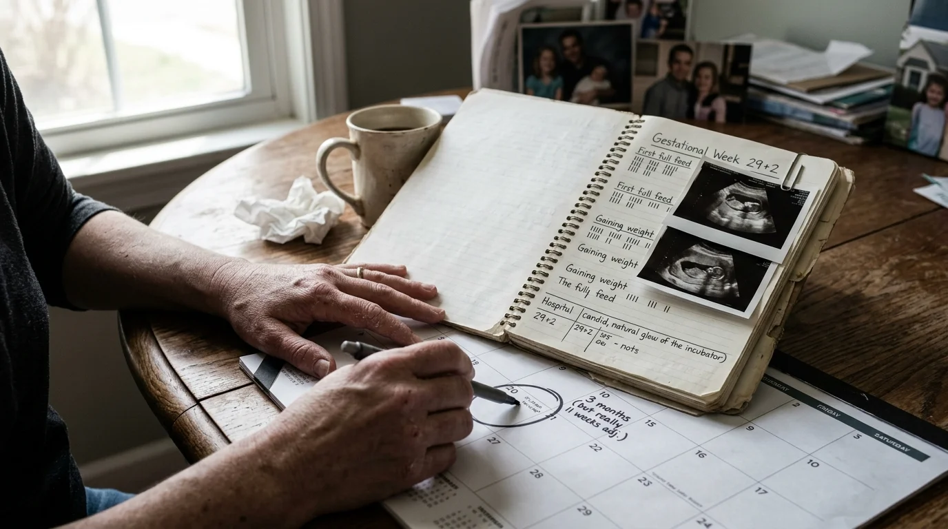 A person circles a date on a desk calendar beside an open journal logging gestational weeks and ultrasound photos.