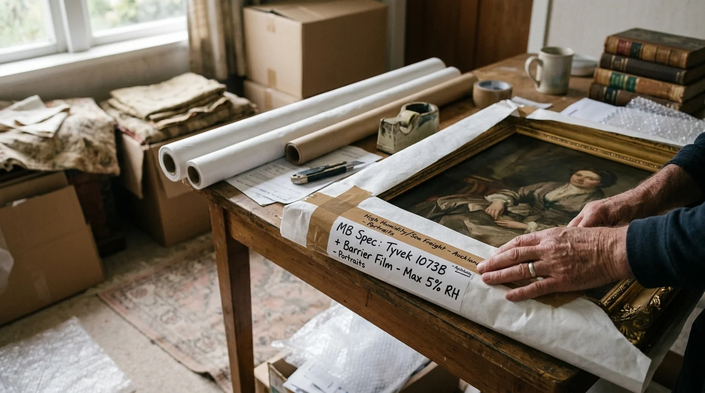 Hands wrapping a framed oil portrait with white protective paper on a wooden table beside packing rolls and tape.