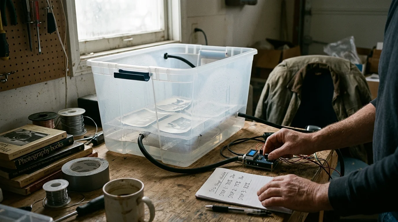 Clear plastic bin vapor chamber with photos inside connected by tubing to electronic controls on a workshop bench.