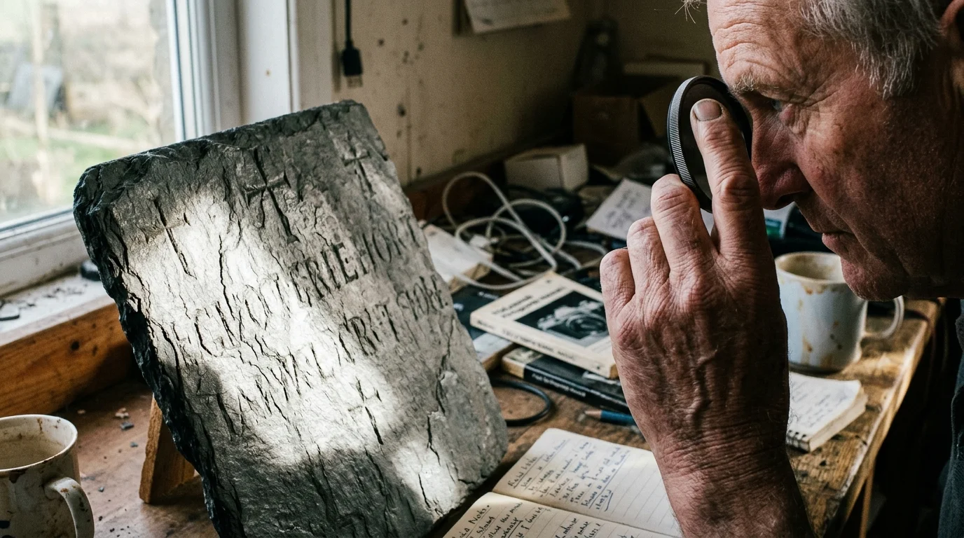 A man looks through a round filter at an inscribed slate slab illuminated by bright sunlight on a cluttered desk.