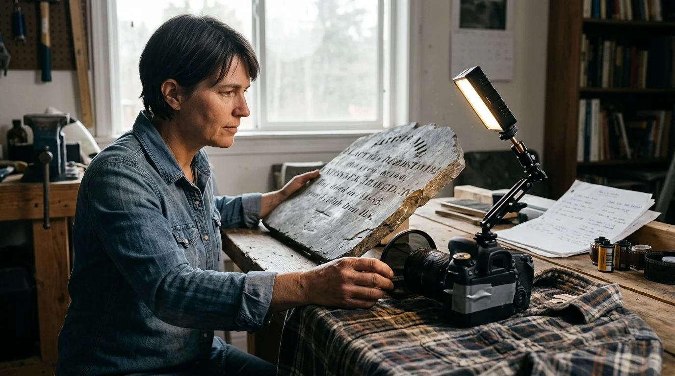 A woman examines an antique inscribed stone tablet on a workbench beside a camera mounted with a small LED panel.