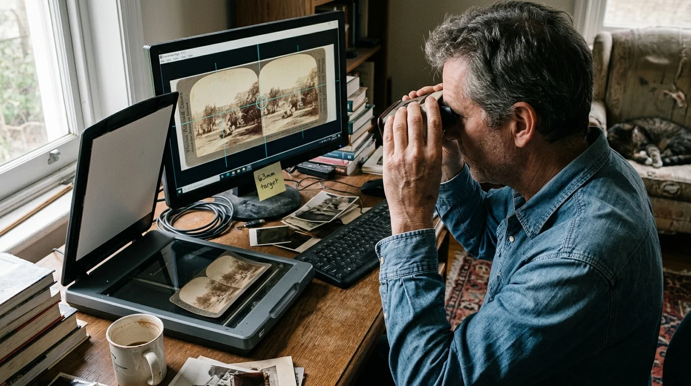 Man at a desk using a viewer to examine a digitized stereoview card displayed on a computer monitor next to a flatbed scanner.