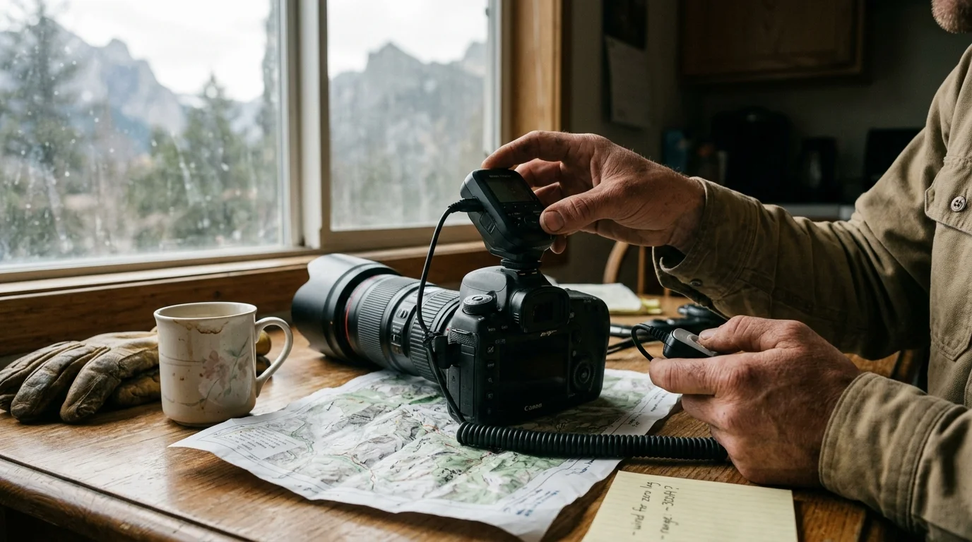 A man adjusting a remote trigger attached to a DSLR camera with a telephoto lens on a wooden table beside a window.