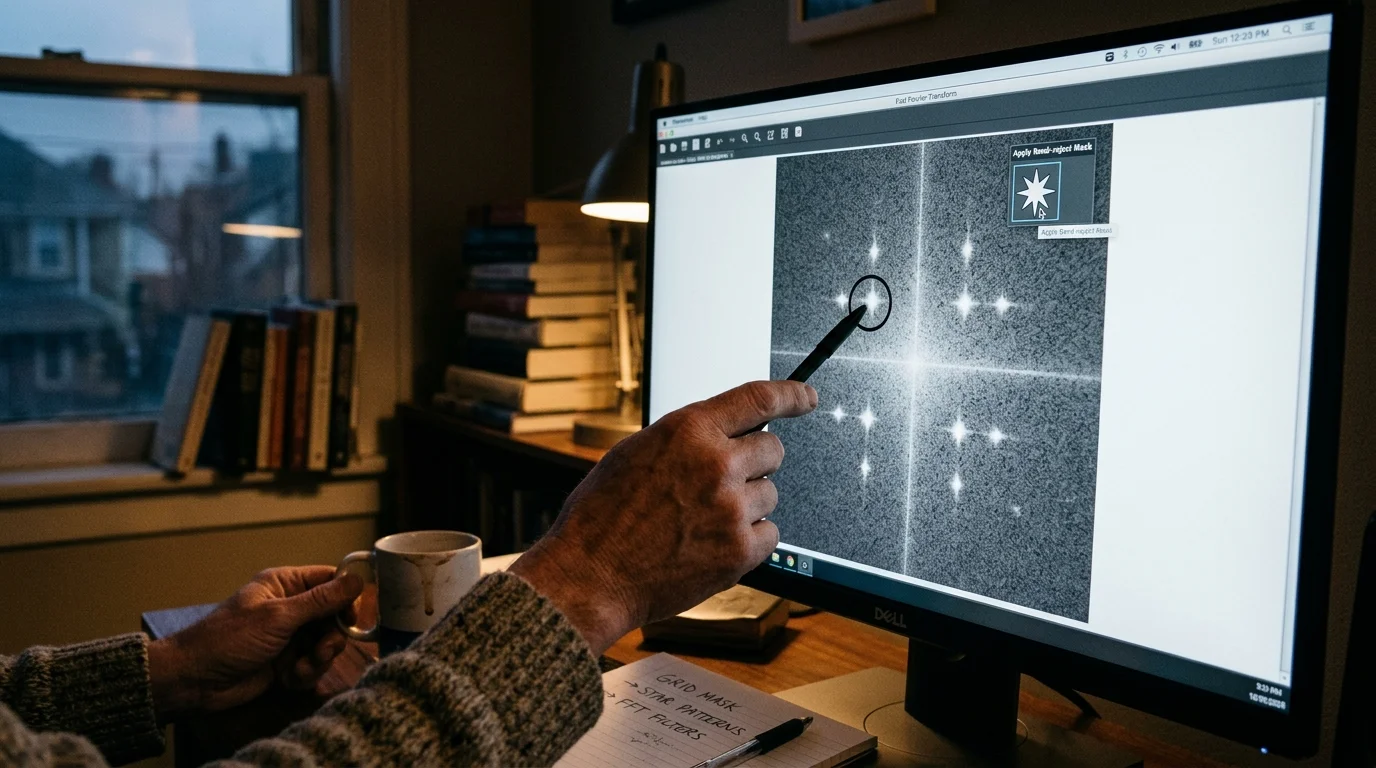 A person points a stylus at a frequency spectrum on a computer monitor displaying symmetrical bright starburst patterns.
