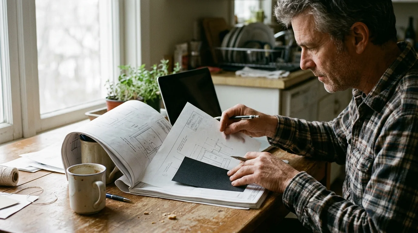A man sits at a wooden table placing a black sheet under a translucent architectural drawing beside an open laptop.
