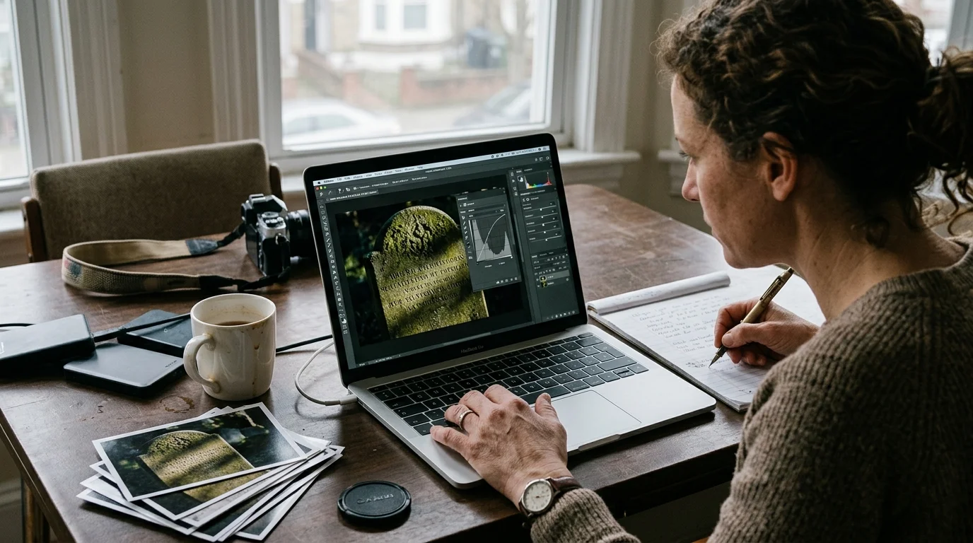 A woman editing a headstone photo on a laptop displaying editing curves, beside prints and a vintage camera.