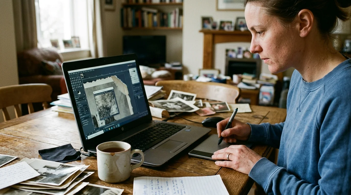 A woman working at a wooden table uses a graphics tablet and laptop displaying photo editing software alongside old prints.
