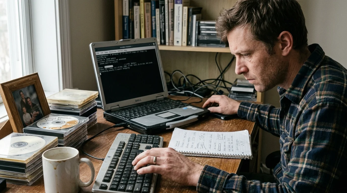 A man at a wooden desk types on a keyboard while monitoring code on an old laptop next to stacks of CD jewel cases.