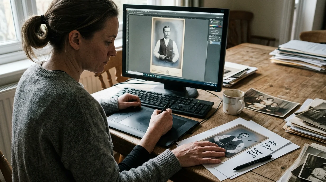 Woman at a wooden desk editing a vintage portrait in Photoshop using a graphics tablet beside printed reference photos.
