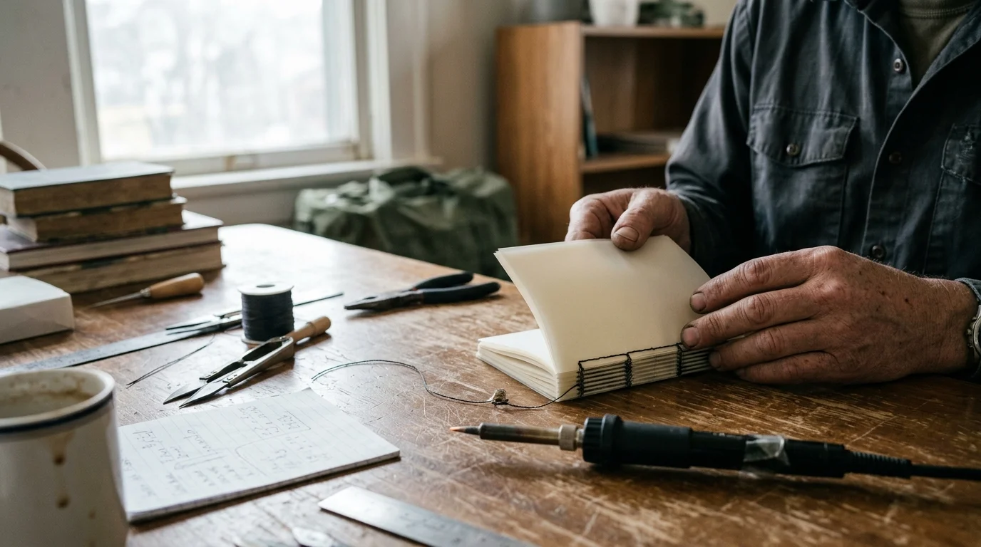 Person at a wooden workbench binding a small blank booklet with thread, surrounded by tools and a soldering iron.