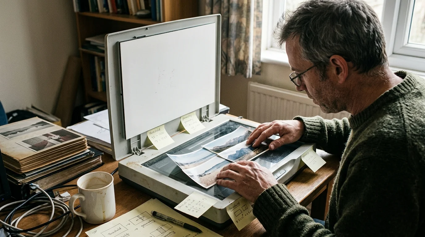 A man places panoramic photo prints onto an open flatbed scanner on a desk covered with sticky notes and diagrams.