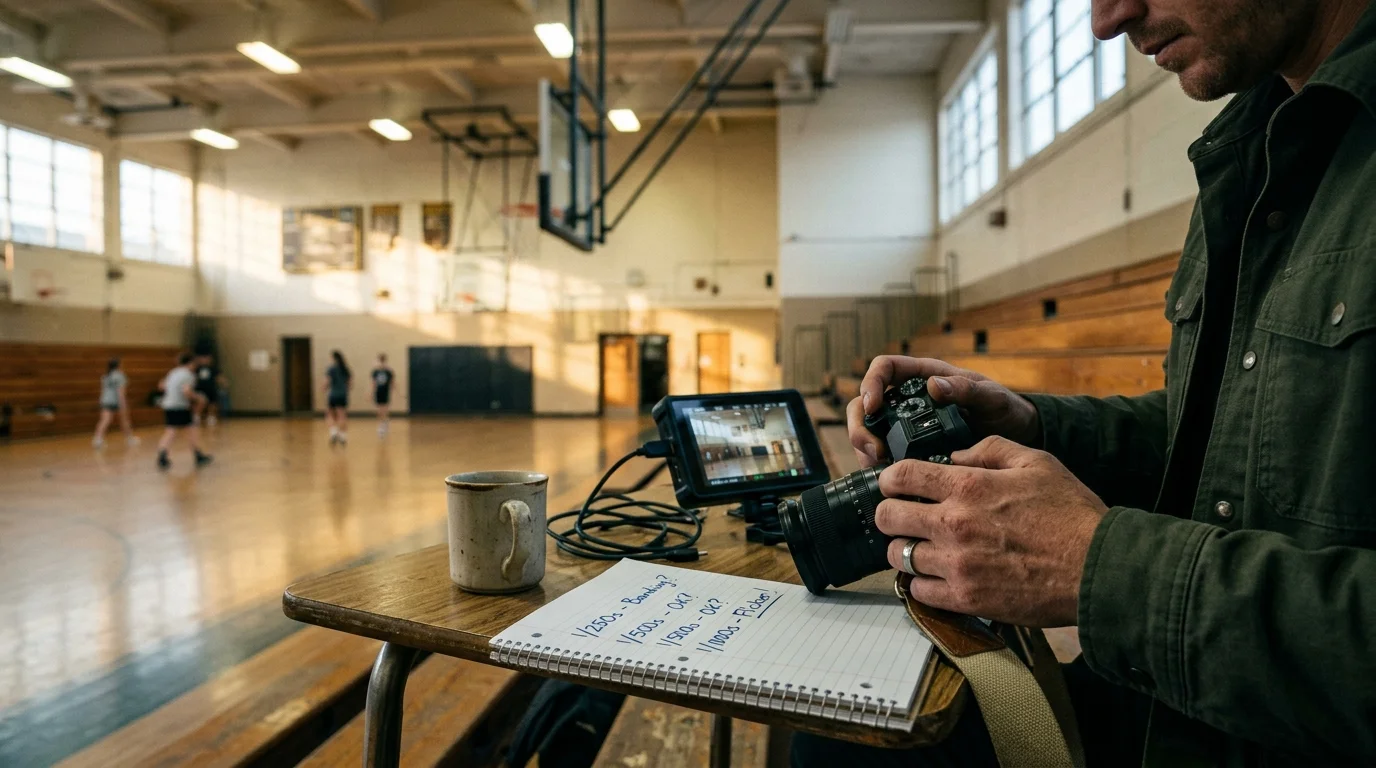 A photographer holds a camera at a desk in a gymnasium with a monitor, coffee mug, and handwritten notes on shutter speeds.