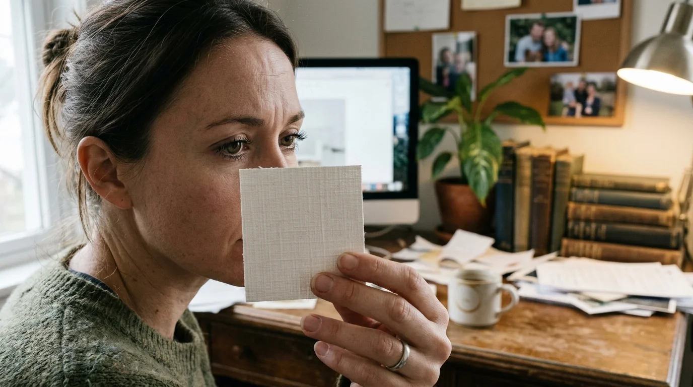 A woman sitting at a cluttered desk holds a square swatch of textured white fabric or paper in front of her face.