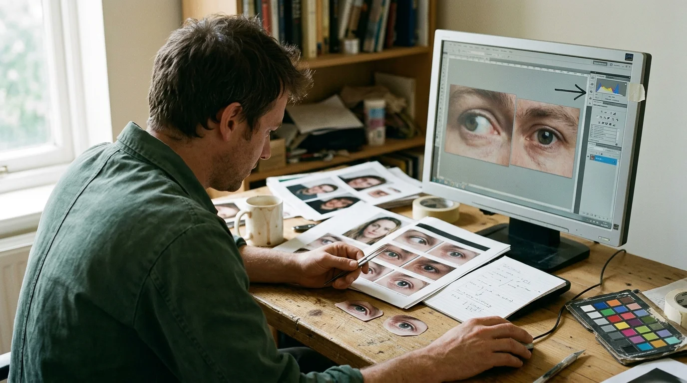 A man at a desk edits close-up images of eyes on a computer monitor surrounded by photo prints and a color checker.