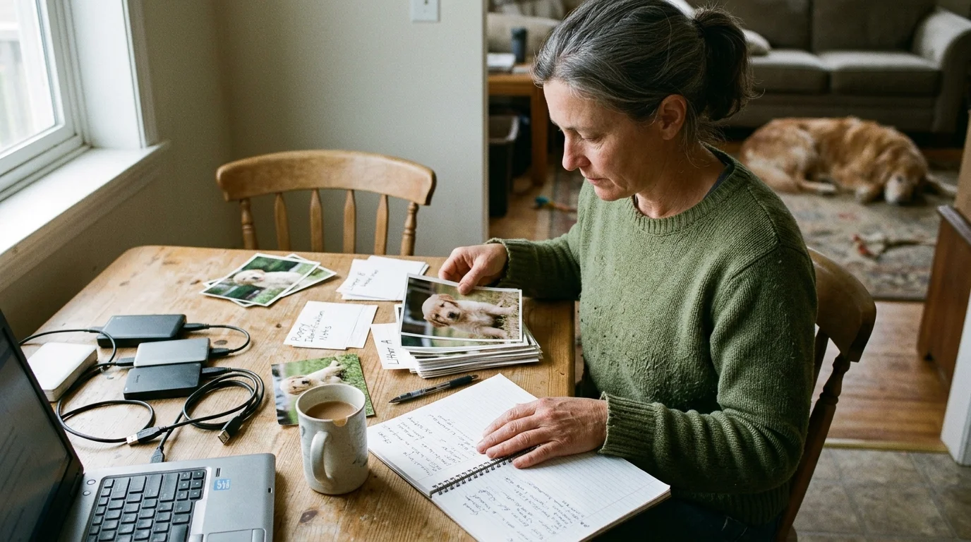 A woman sits at a wooden table sorting puppy photos next to a notebook, laptop, and external hard drives.