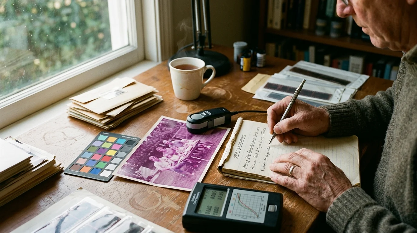 Person writing calculations in a notebook beside a faded magenta family photo, color calibration chart, and scanner.