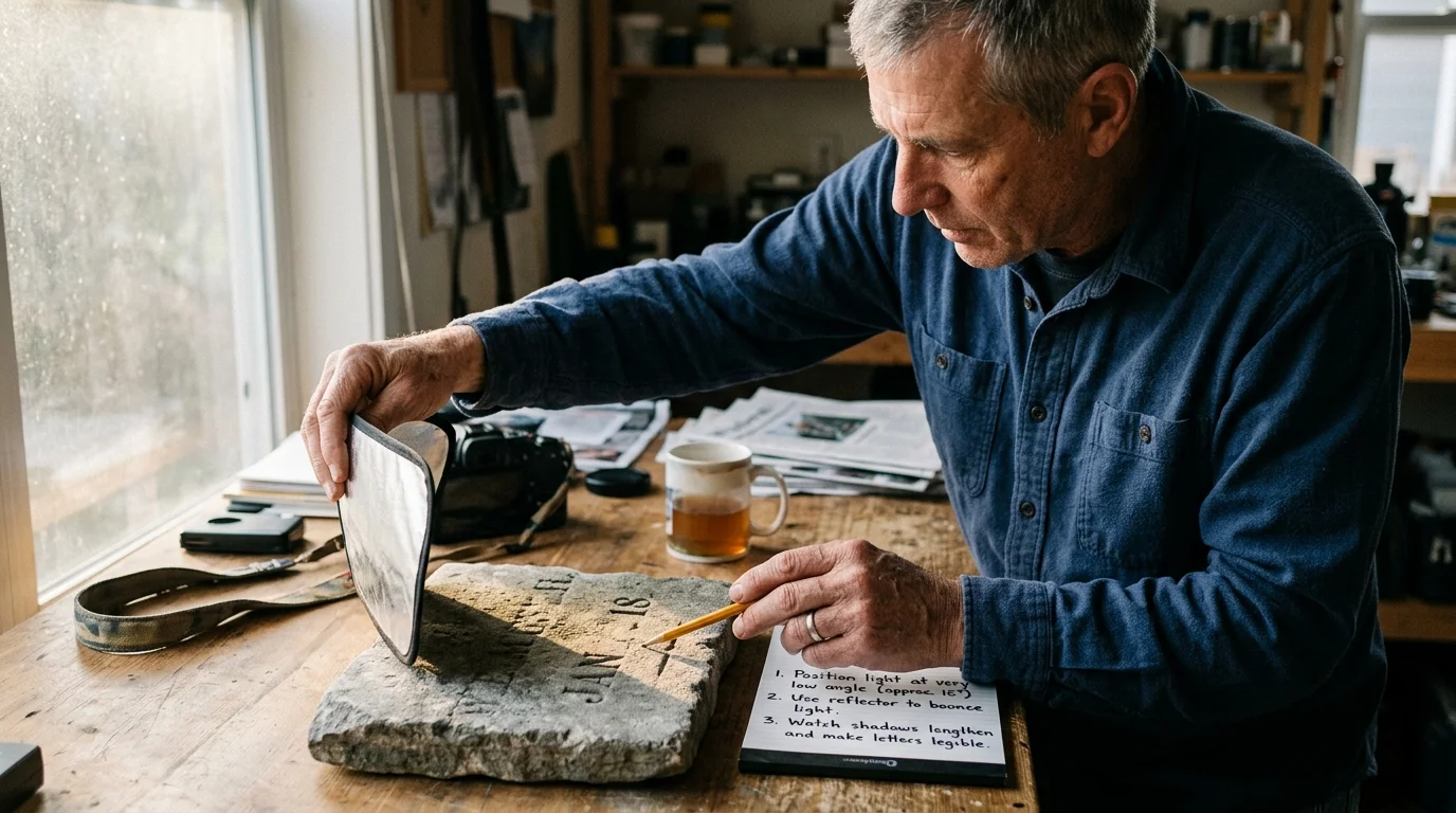 A man at a wooden desk holds a small silver reflector beside an inscribed stone fragment next to handwritten notes.
