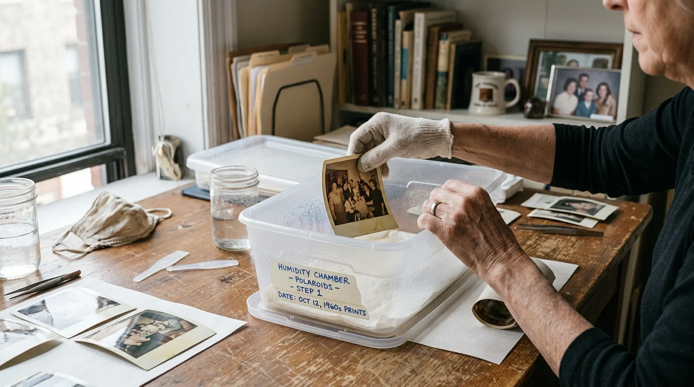 A gloved person places an old photograph into a clear plastic humidity chamber on a wooden table.