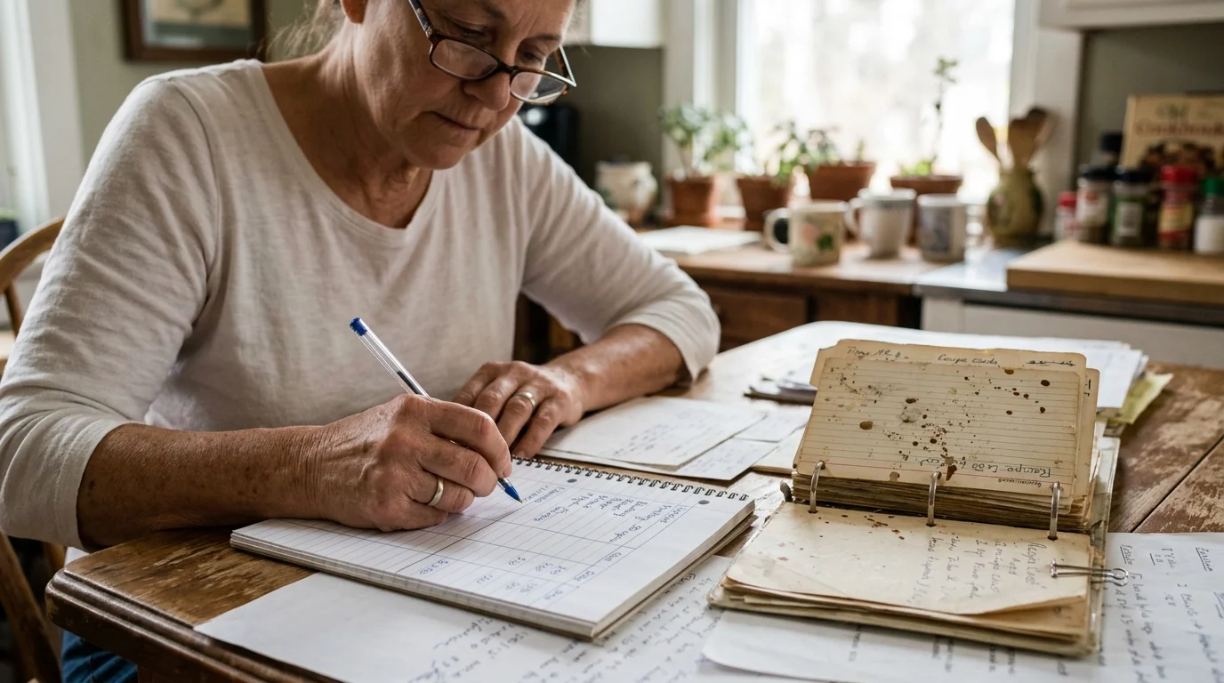 A woman with glasses writes in a notebook beside stained vintage recipe cards on a wooden dining table.