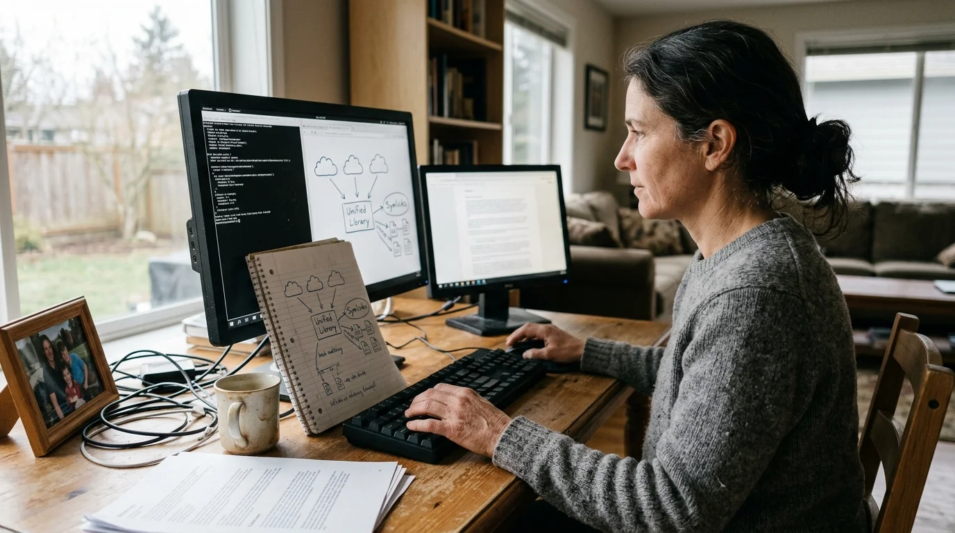 Woman sitting at a wooden desk working on two computer monitors with technical diagrams and open terminal windows.