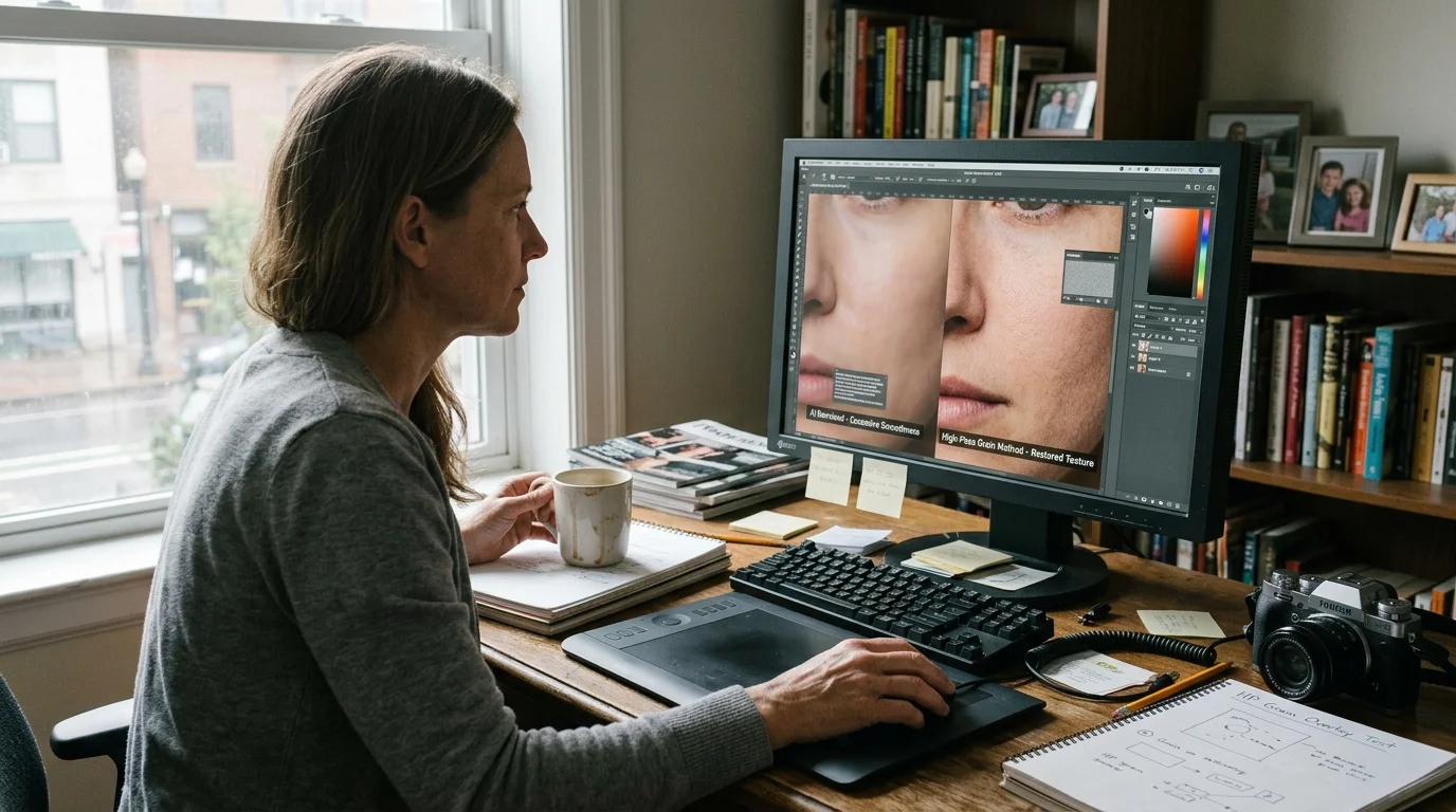 A woman sits at a desk using photo editing software on a monitor showing a close-up face comparison.