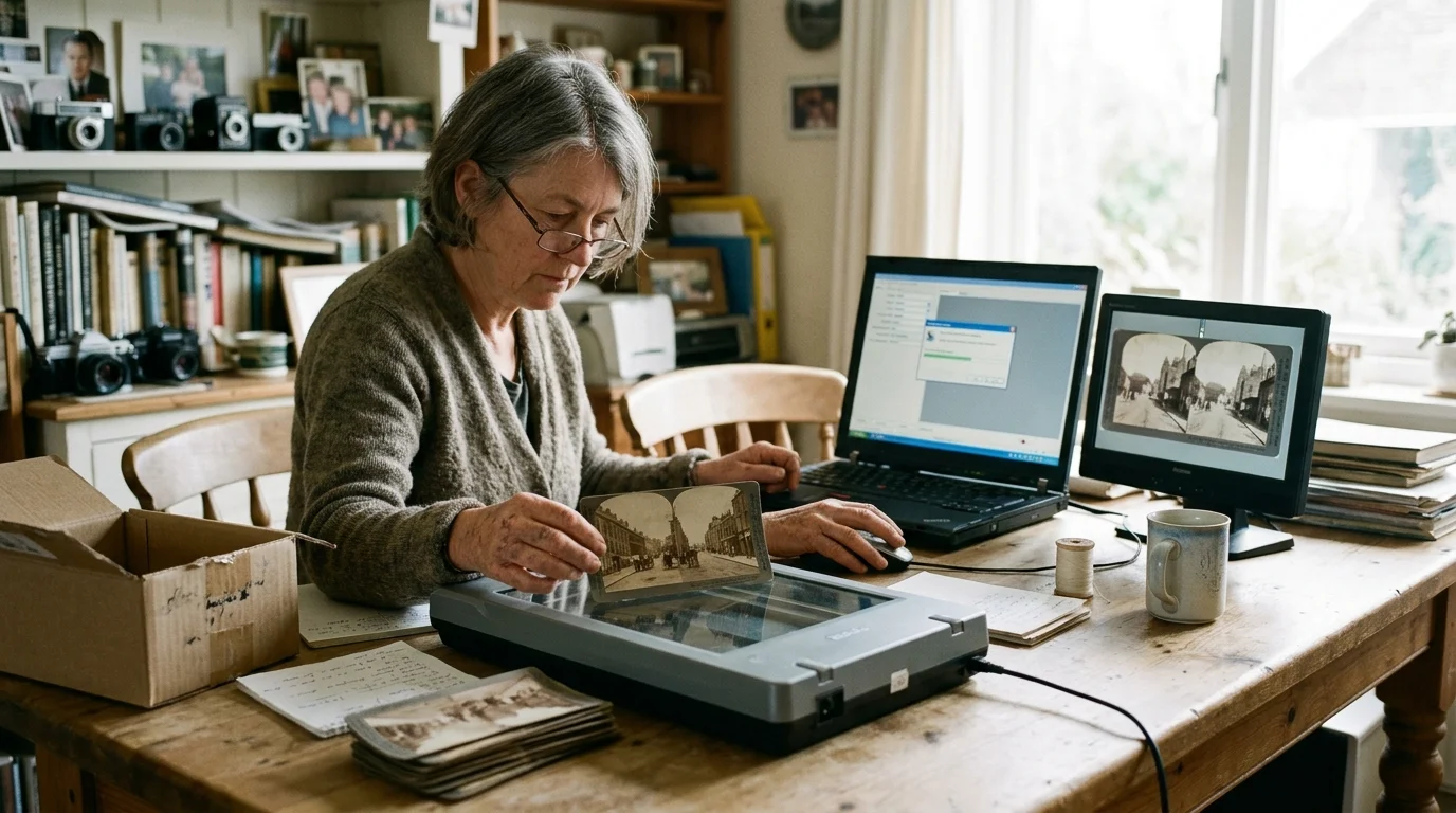A woman with glasses places a vintage stereoview card on a flatbed scanner connected to a laptop and monitor.