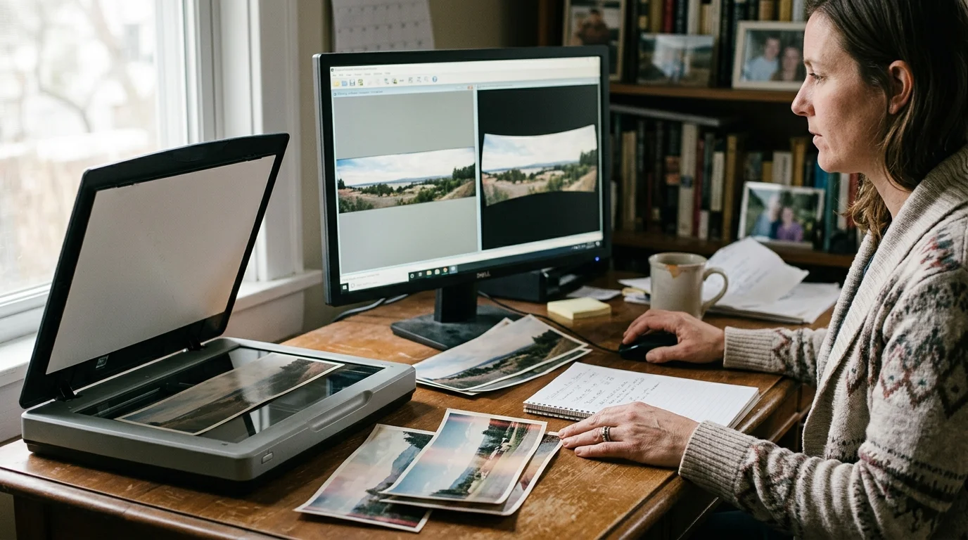 A woman sits at a wooden desk with a flatbed scanner, printed panorama photos, and software open on her computer monitor.