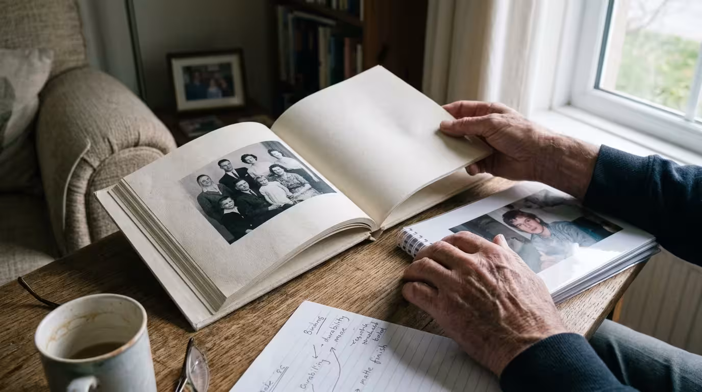Person turning pages of a hardcover photo book next to a spiral-bound album and handwritten notes on a wooden table.