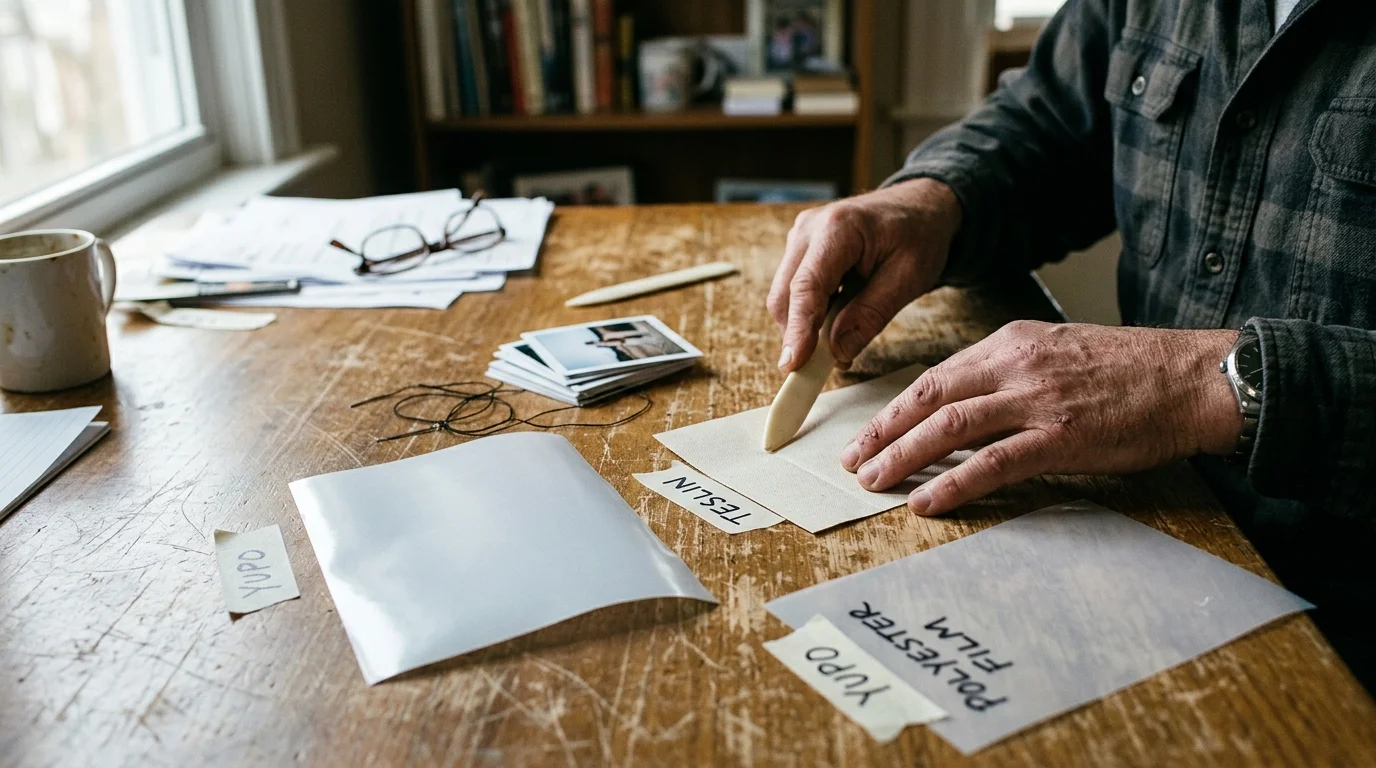 Person using a bone folder on synthetic paper labeled Teslin beside samples of Yupo and polyester film on a wooden desk.