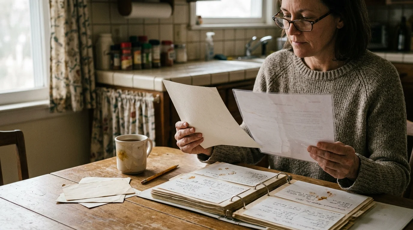 A woman wearing glasses examines recipe pages over an open binder on a wooden kitchen table.