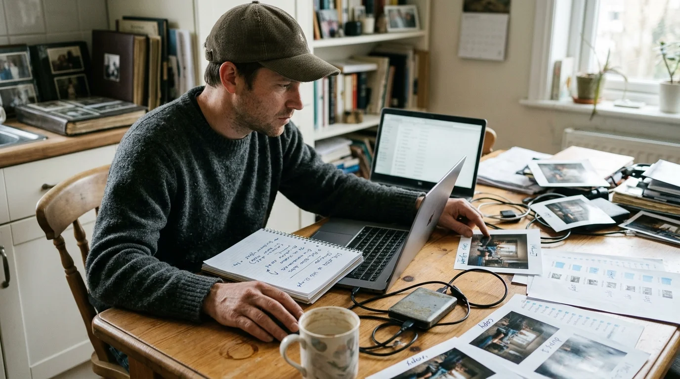 A man wearing a cap sits at a wooden table using a laptop surrounded by photo prints, notes, and hard drives.