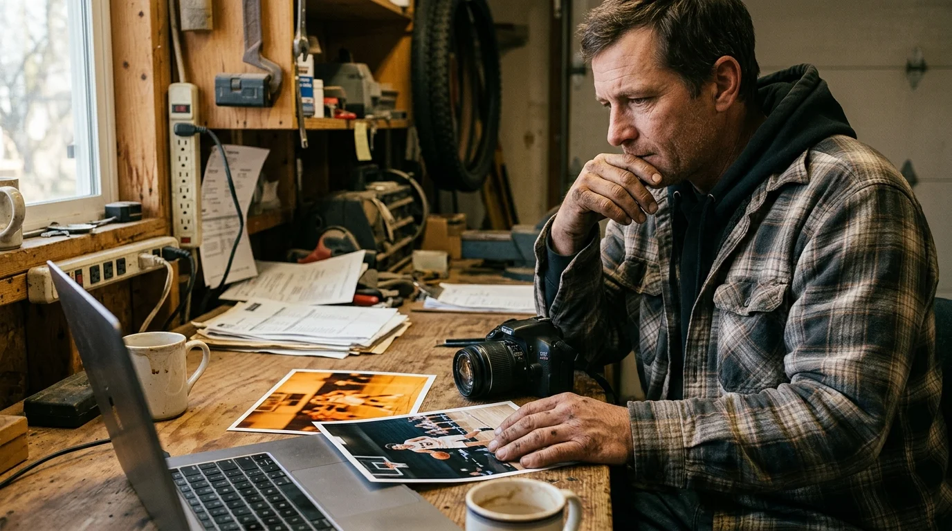 A man sits at a workshop desk with a laptop, DSLR camera, and printed sports photos, chin resting on his hand.