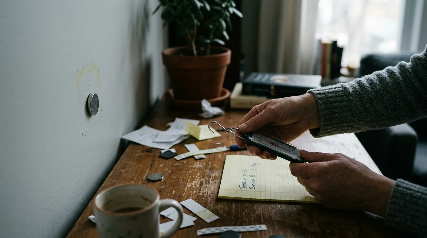 Hands holding a spring scale above a wooden desk with handwritten notes, adhesive strips, and a wall magnet nearby.