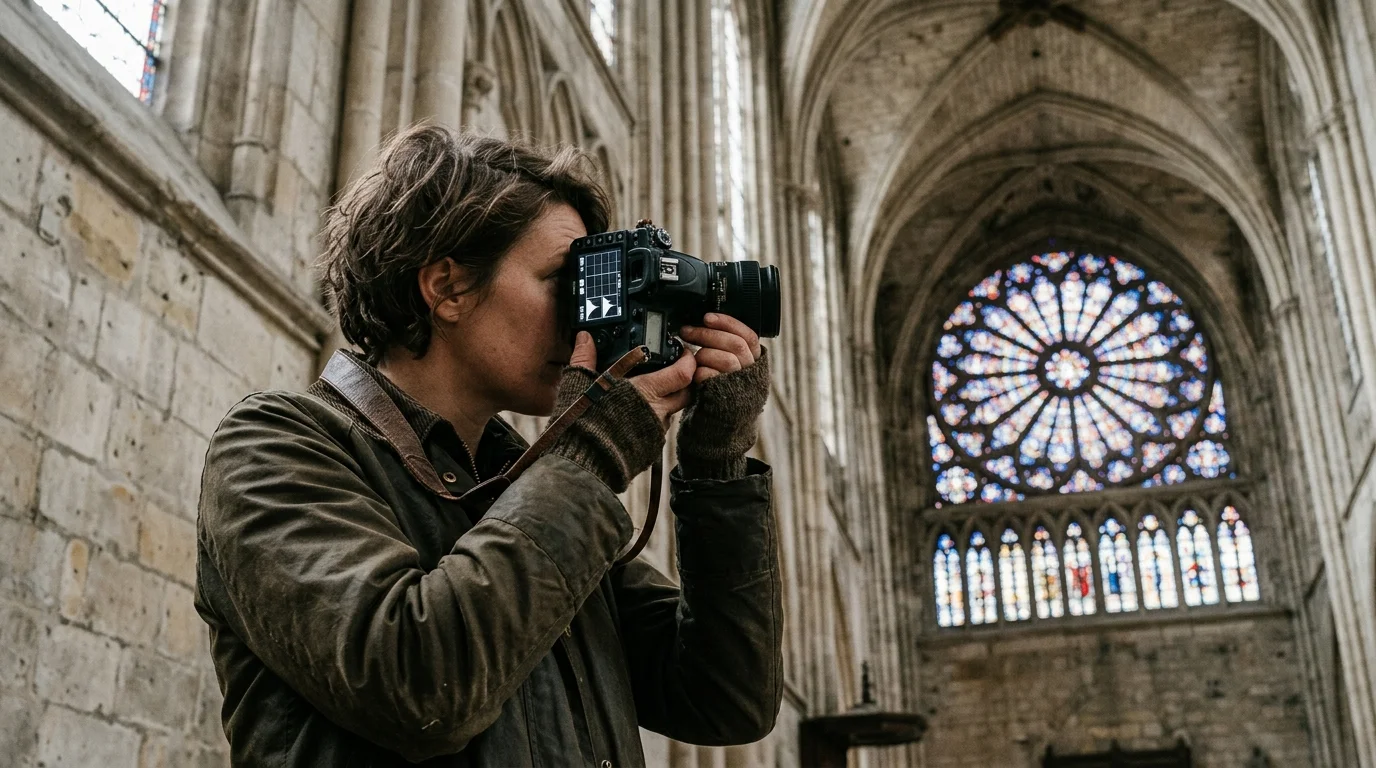 A person holding a DSLR camera up to their eye inside a gothic cathedral near a large stained-glass rose window.