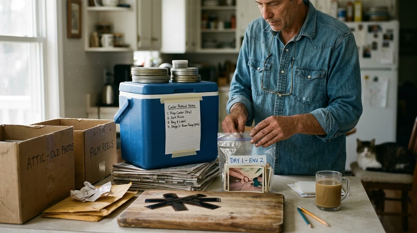 A man packing old photos into a plastic bag on a table beside a blue cooler, metal film cans, and cardboard boxes.