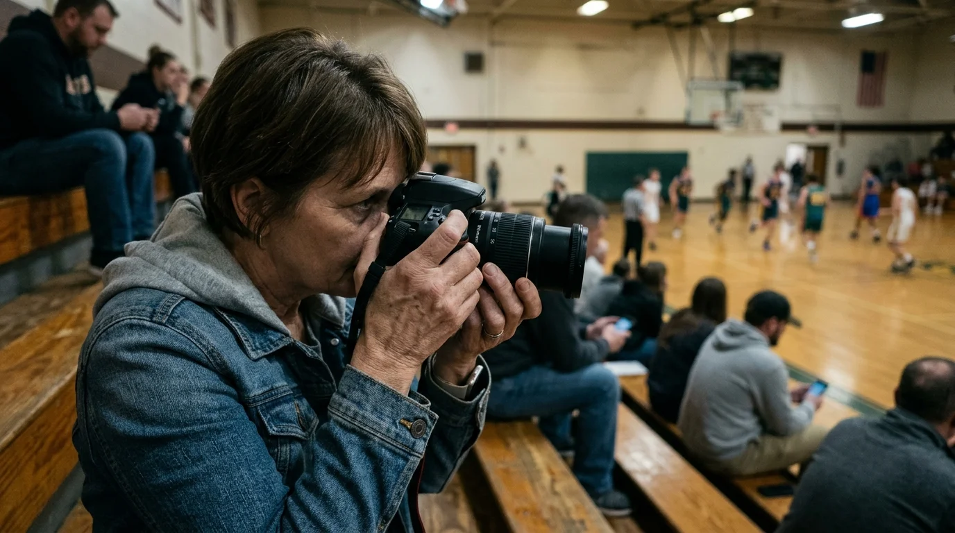 Woman in a denim jacket sits on wooden bleachers aiming a camera with a zoom lens at an indoor basketball court.