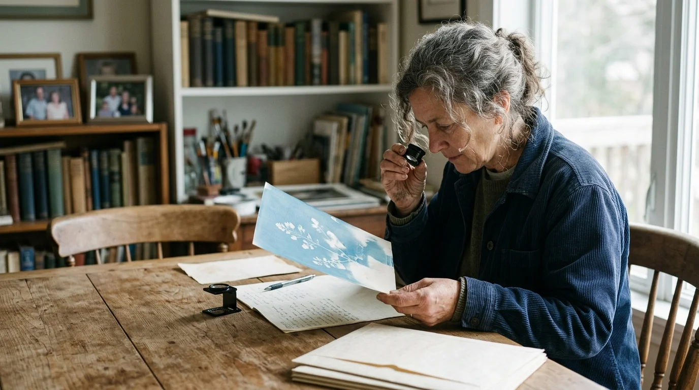 A woman sits at a wooden table examining a botanical cyanotype print with a small magnifying loupe.